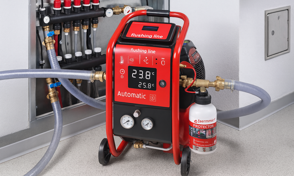 Equipo profesional para limpieza de suelo radiante con bomba de lavado y colector hidráulico