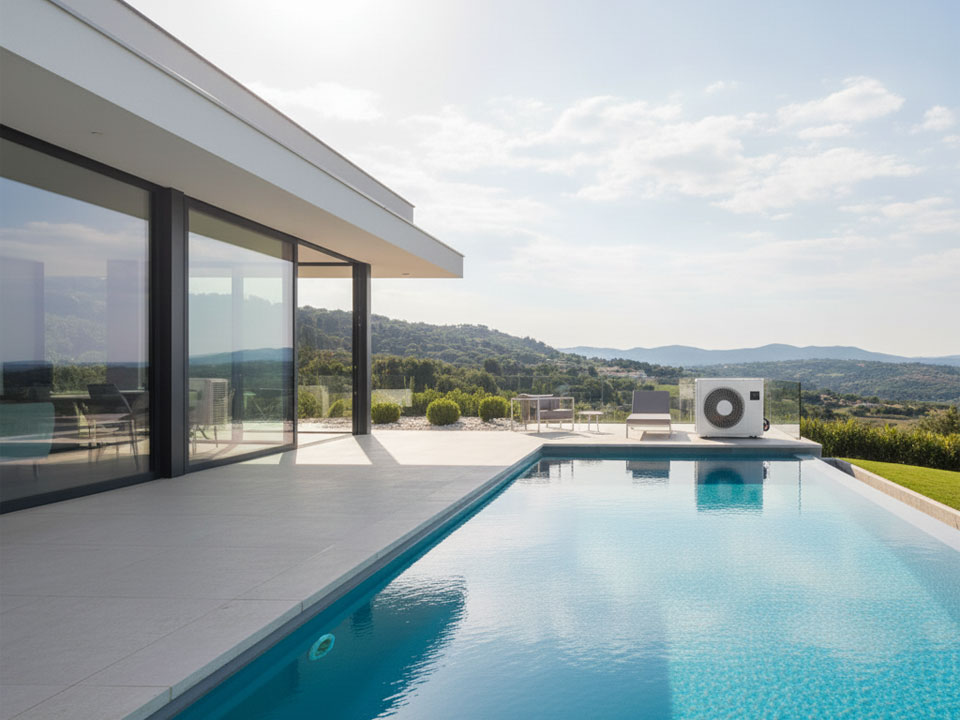 Bomba de calor para piscina funcionando con alto rendimiento