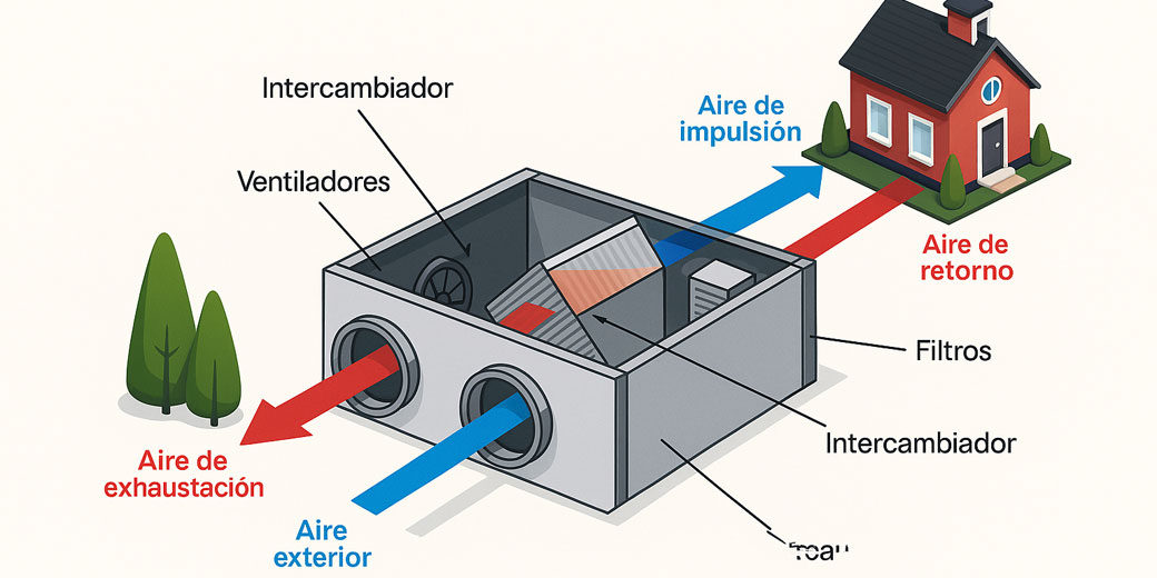 Esquema de funcionamiento del recuperador (aire exterior limpio, impulsión a estancias secas, extracción y expulsión)